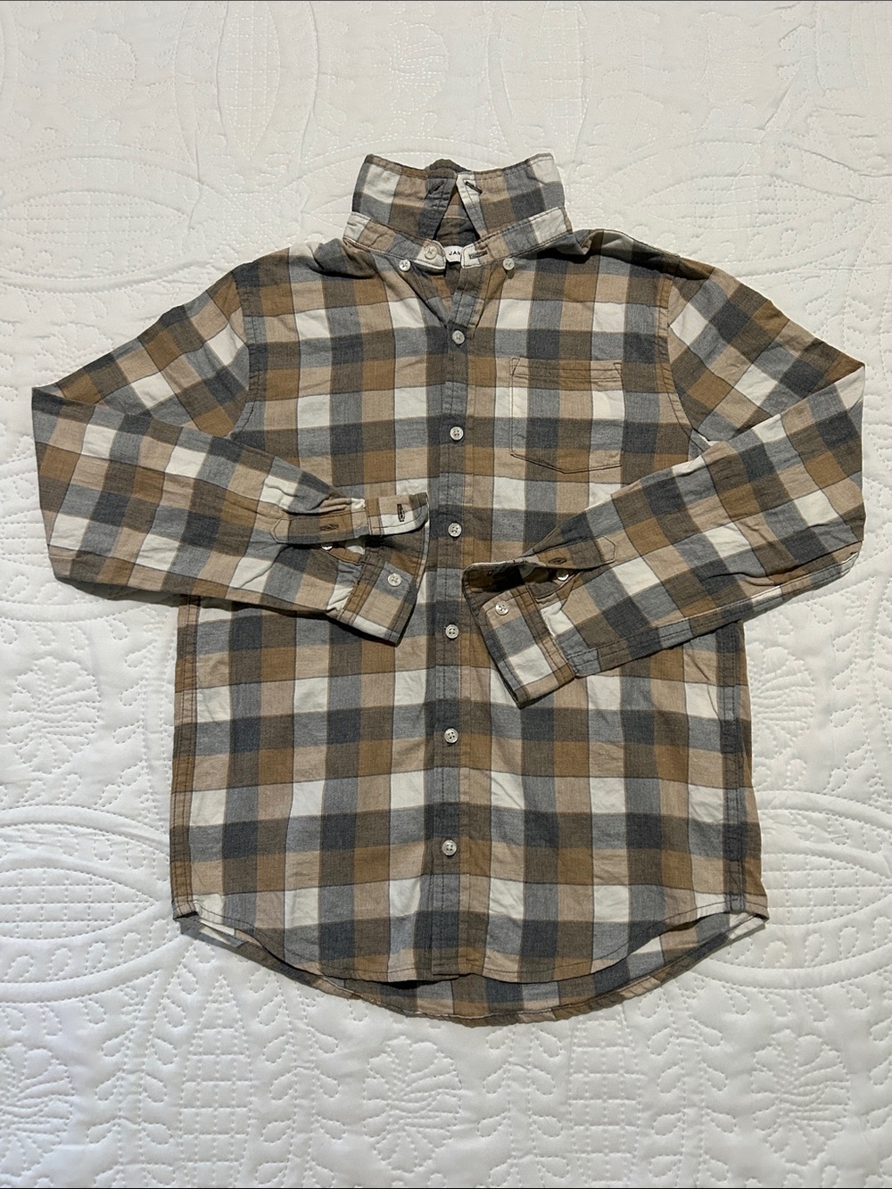 Janie and Jack Brown Gray Cream Plaid Button-Down Shirt Sz: 12